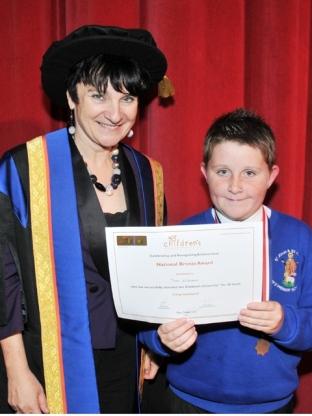 Thomas Williams, aged ten, with Bridgwater College principal Fiona McMillan.