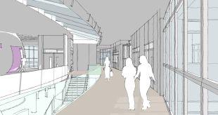 This impression shows the main upper floor walkway, which moves completely away from the old feel of school corridors. 