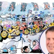 Artist's impression of how the Bridgwater Carnival cart might look like in London during the Queen's Jubilee Pageant, with inset of columnist Dave Stokes. Picture: Bridgwater Carnival