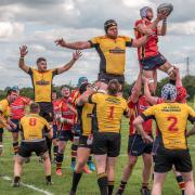 TUSSLE: Lewis Croker taking ball in the lineout for Morganians against Keynsham 2nds on Saturday. Pic: Morganians RFC