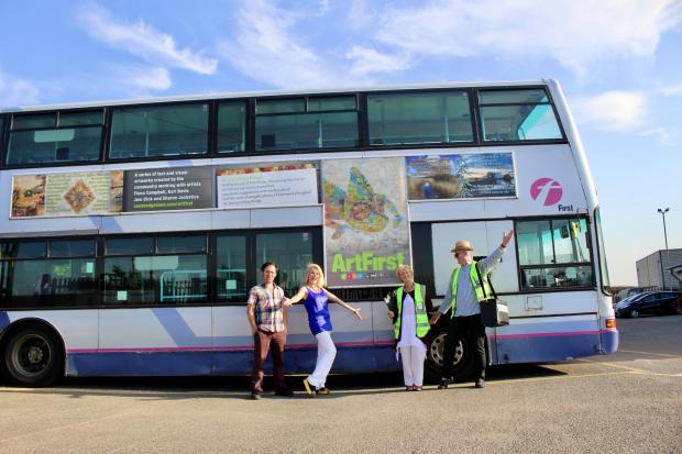 Bridgwater Mercury: ART FIRST: Seed artists Karl Bevis, Fiona Campbell, Sharon Jacksties and Jem Dick in front of a bus featuring artwork co-created by the community (Image: Laura Hylton, Arts Council England)