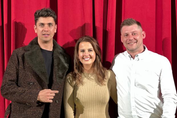Bridgwater Mercury: Ben Hart (left) with the newly-engaged couple at Bridgwater's McMillan Theatre. Picture: Paul Sullivan PR