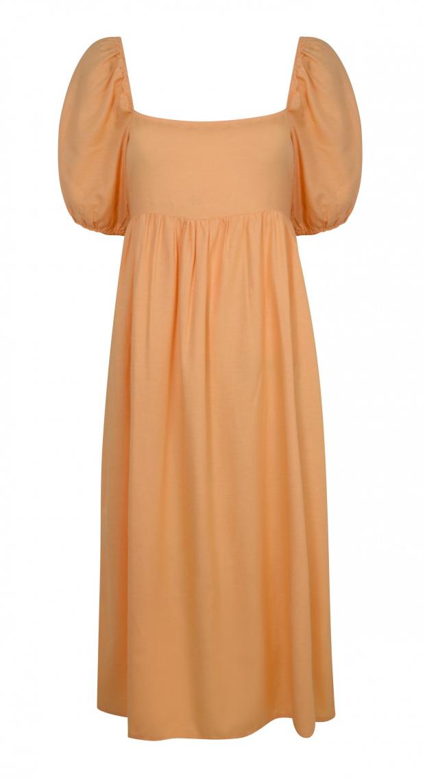 Bridgwater Mercury: Bright Orange Linen-Look Puff Sleeve Midi Dress. Credit: New Look