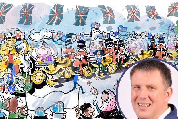 Artist's impression of how the Bridgwater Carnival cart might look like in London during the Queen's Jubilee Pageant, with inset of columnist Dave Stokes. Picture: Bridgwater Carnival