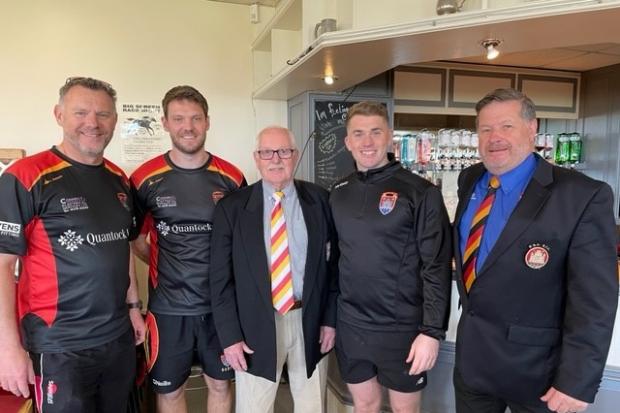 Director of Rugby Geoff Sluman (left), captain George Sluman and Jay Owens 9second from right) spoke to the guests at the Friends Lunch before Saturday’s game and are  pictured with Bob Payne the chairman of the Friends of Bridgwater and Albion