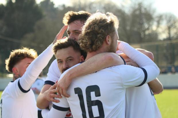 Bridgwater United players celebrate after scoring against Keynsham. Picture: Craig Blake