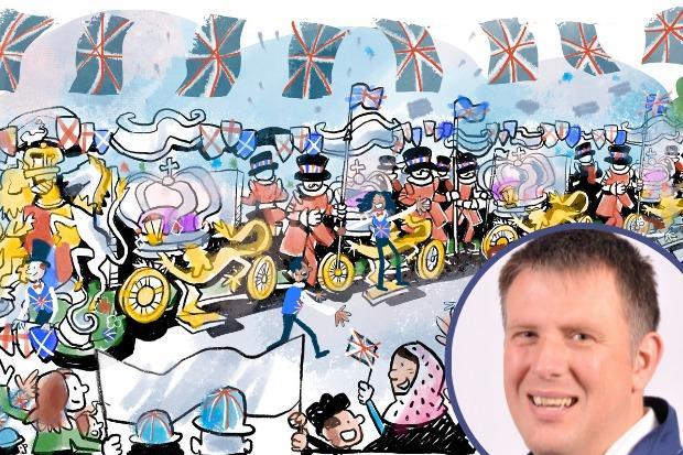 Dave Stokes, carnival columnist, with an artist's impression of the cart set to take part in the Platinum Jubilee Pageant.
