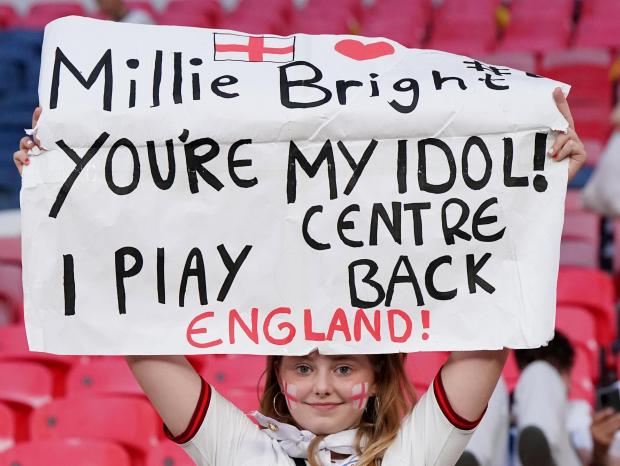 Bridgwater Mercury: An England fan holds a "Millie Bright You're My Idol" sign in the stands as England celebrate winning the UEFA Women's Euro 2022 final at Wembley Stadium, London. Picture date: Sunday July 31, 2022.