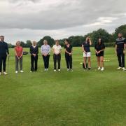 SESSION: Enmore Park professional Barry Forster, left, with the Ladies into Golf group - Nicky Thorne, Micky Foster, Katie Gibbons, Emma Sanders, Julie Violet, Michelle Blackford and Kayleigh Cook - and assistant pro Harry Brown